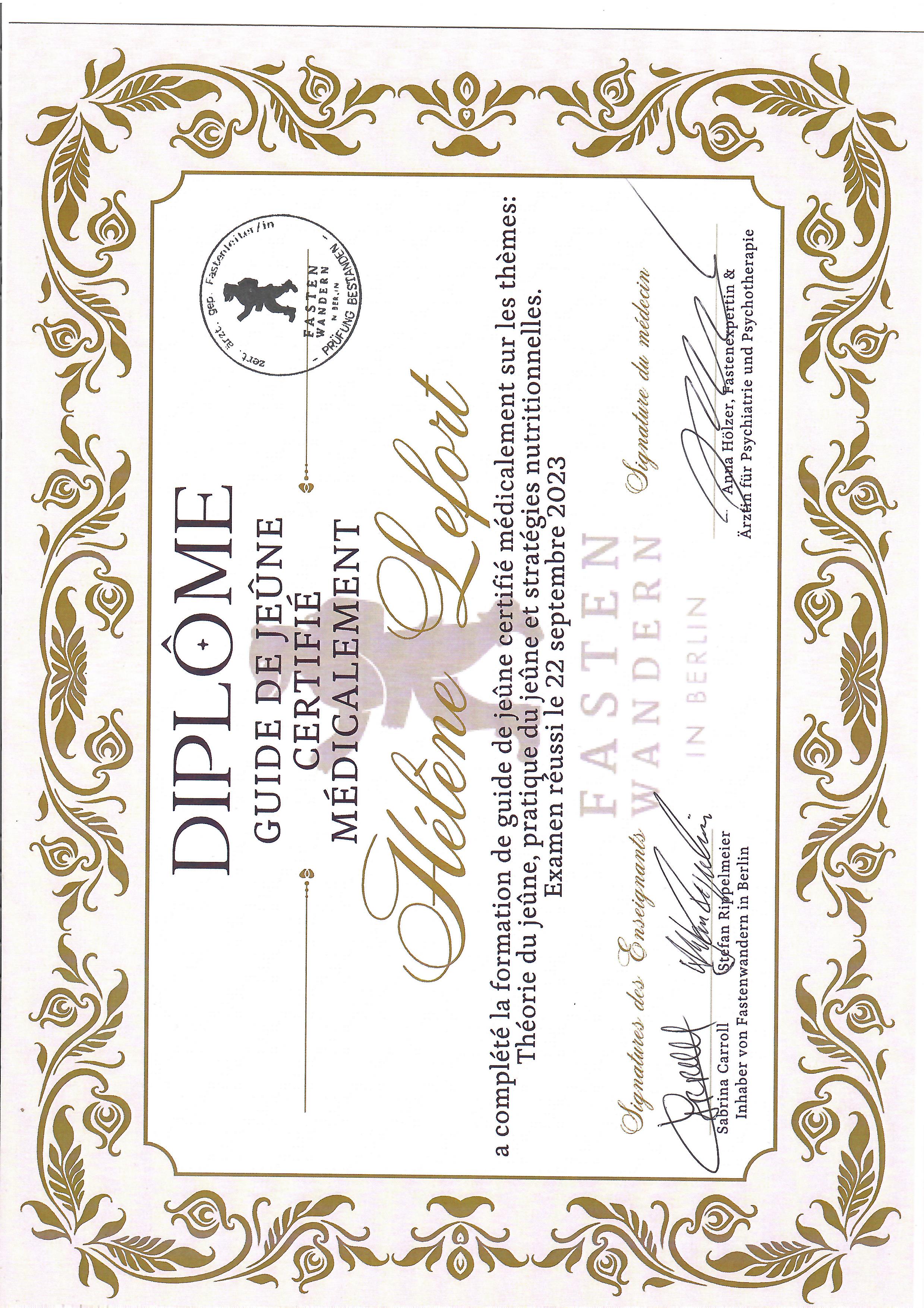 Certificat d'accompagnatrice de jeûne Buchinger — Hélène Lefort Nantes